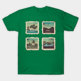 a vintage travel-themed t-shirt design with retro postcard illustrations faded colors and a distressed texture to give it an authentic retro look T-Shirt